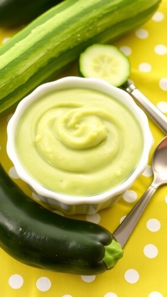 A bowl of smooth zucchini baby food with fresh zucchinis on a colorful tablecloth.